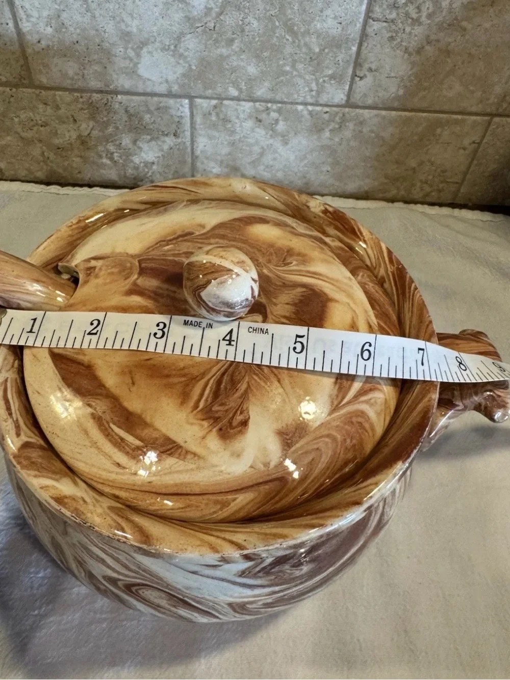 Vintage Emil Cahoy Marblestone Soup Tureen Lid Ladle Brown Swirl SD